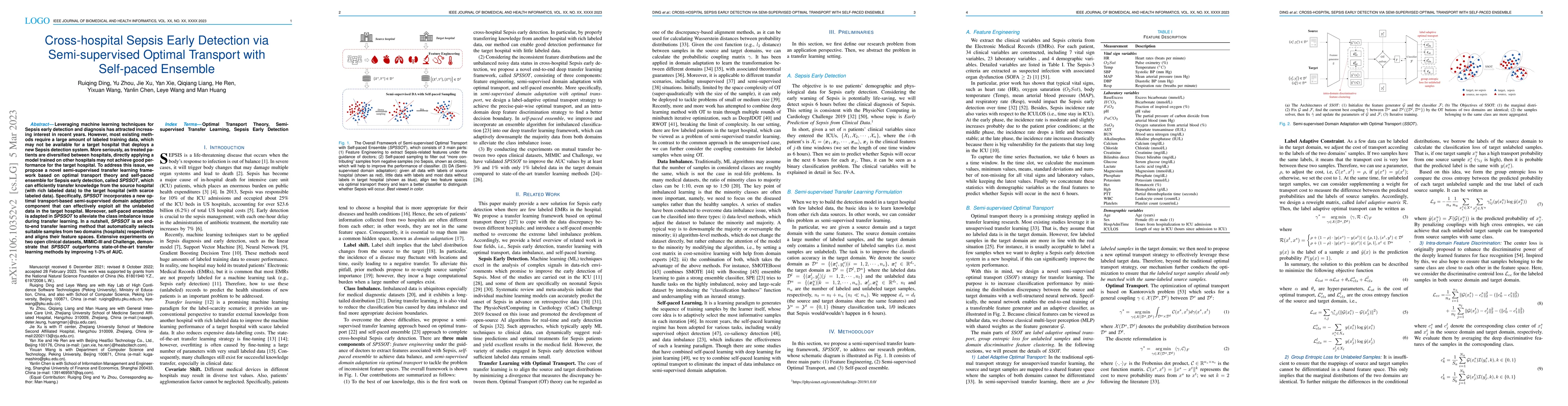 Thumbnail for Cross-hospital Sepsis Early Detection via Semi-supervised Optimal
  Transport with Self-paced Ensemble
