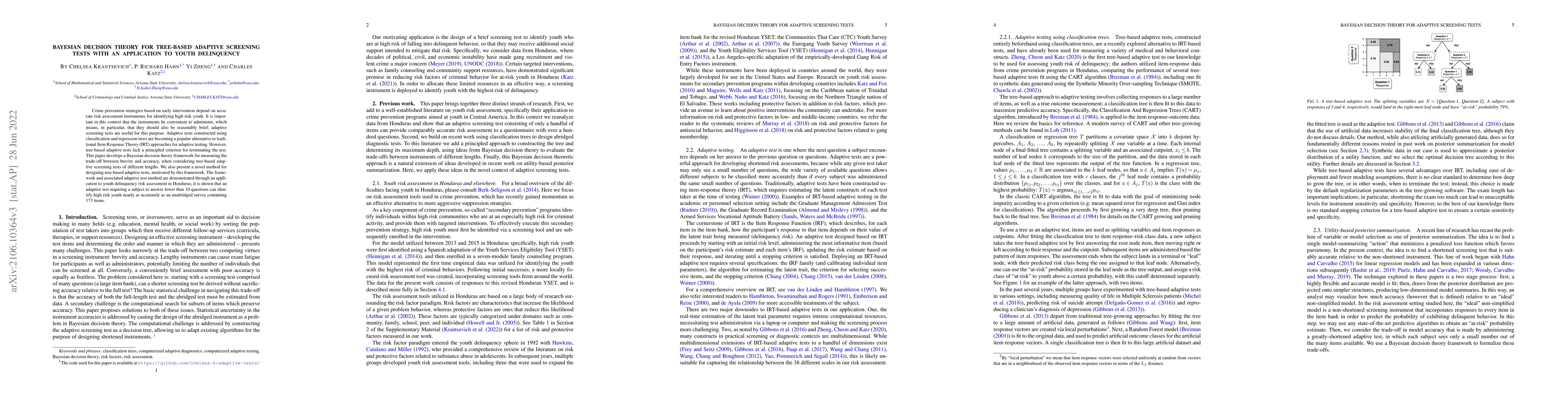 Thumbnail for Bayesian decision theory for tree-based adaptive screening tests with an
  application to youth delinquency