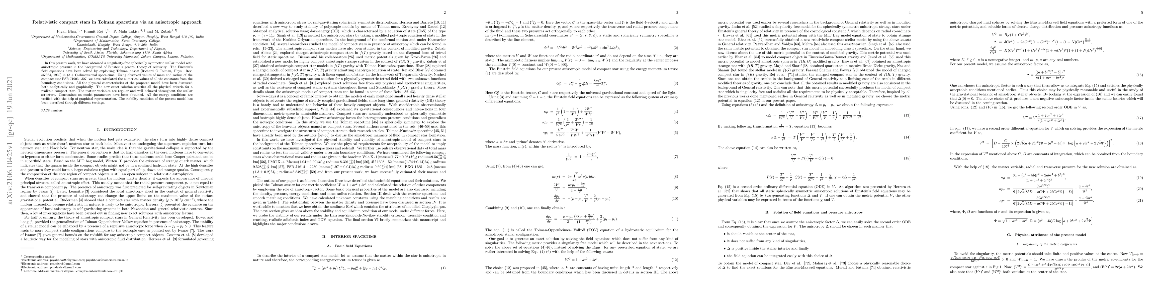 Thumbnail for Relativistic compact stars in Tolman spacetime via an anisotropic
  approach