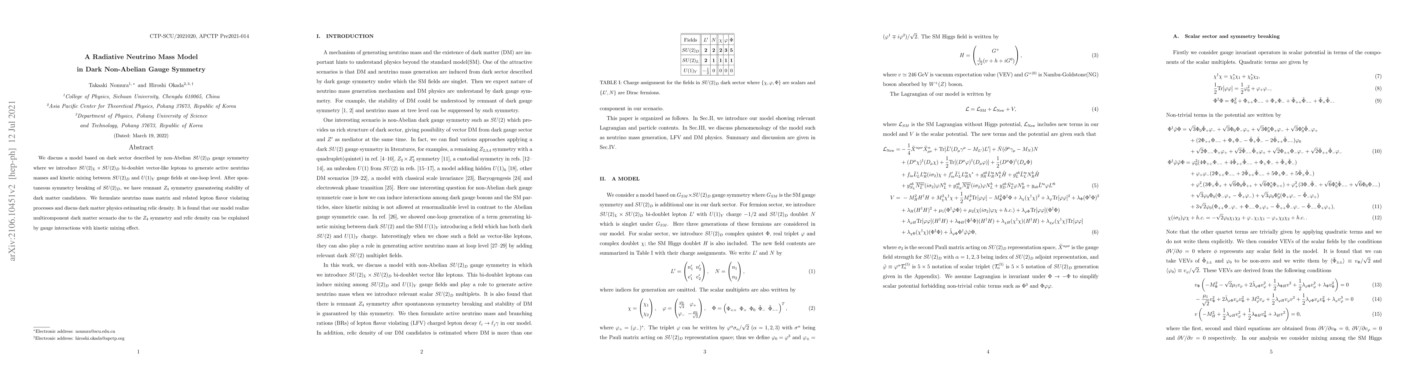 Thumbnail for A Radiative Neutrino Mass Model in Dark Non-Abelian Gauge Symmetry