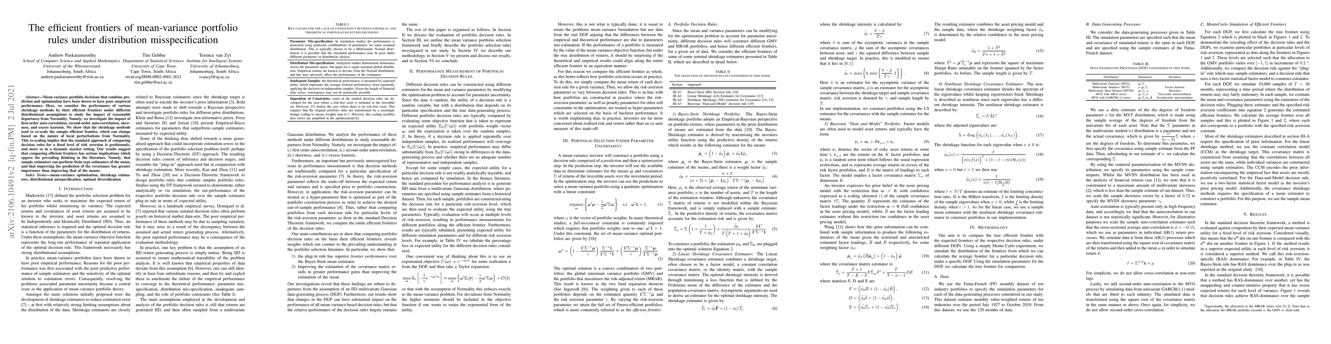 Thumbnail for The efficient frontiers of mean-variance portfolio rules under
  distribution misspecification
