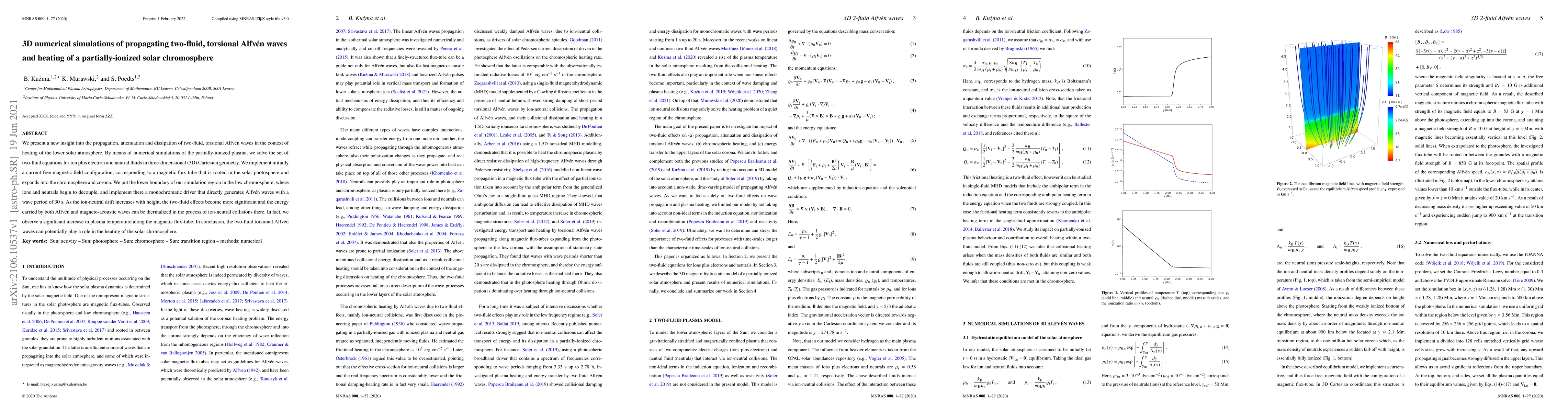 Thumbnail for 3D numerical simulations of propagating two-fluid, torsional Alfv\'en
  waves and heating of a partially-ionized solar chromosphere