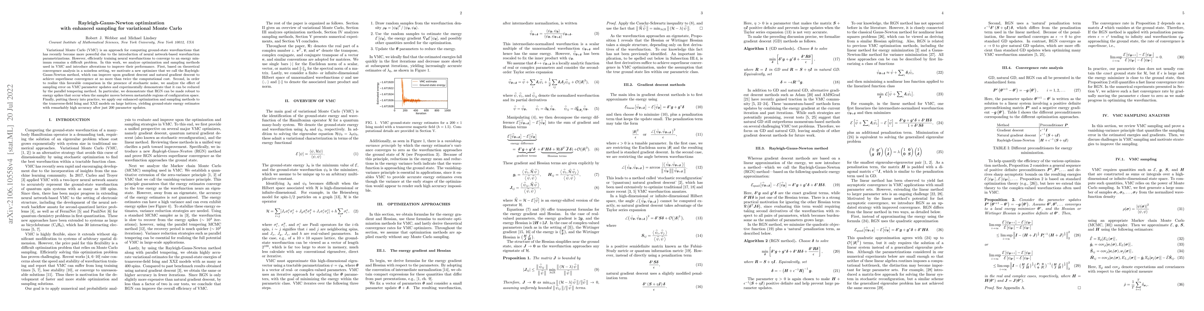 Thumbnail for Rayleigh-Gauss-Newton optimization with enhanced sampling for
  variational Monte Carlo