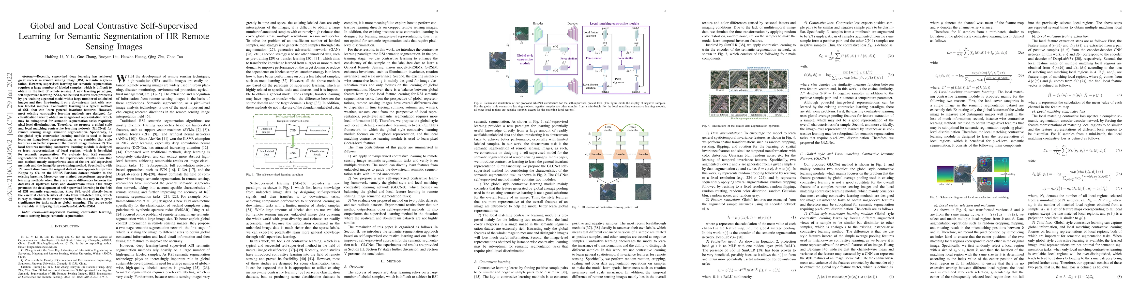 Thumbnail for Global and Local Contrastive Self-Supervised Learning for Semantic
  Segmentation of HR Remote Sensing Images
