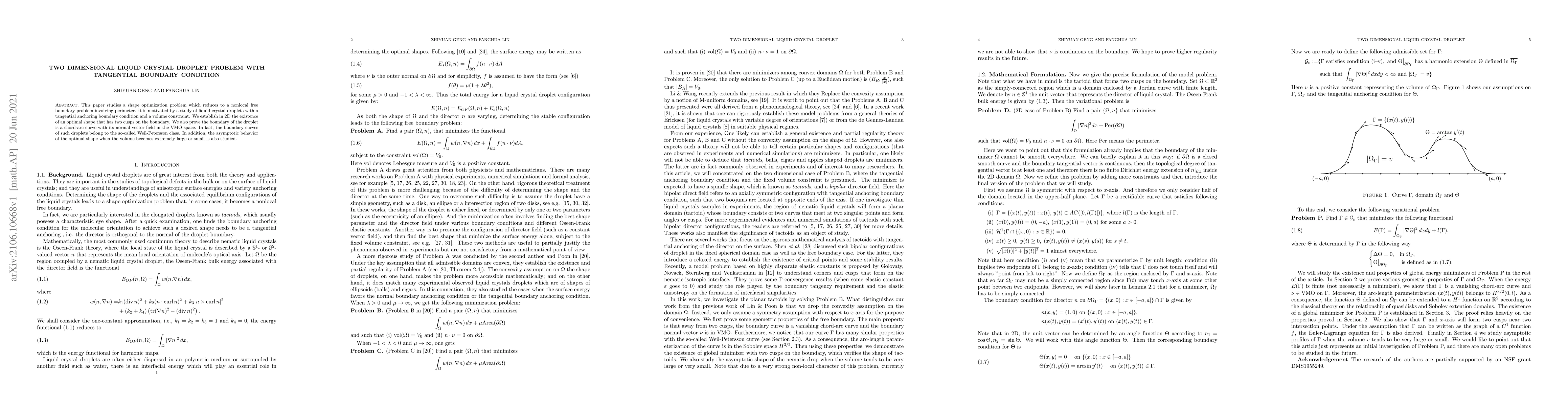 Thumbnail for Two dimensional liquid crystal droplet problem with tangential boundary
  condition
