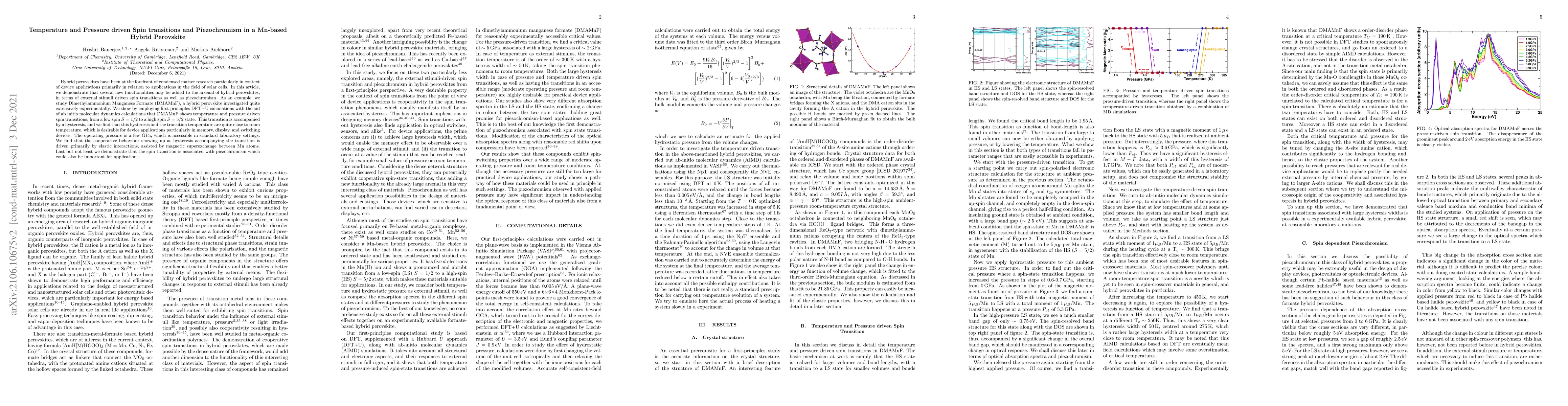 Thumbnail for Temperature and Pressure-driven Spin transitions and Piezochromism in a
  Mn-based Hybrid Perovskite