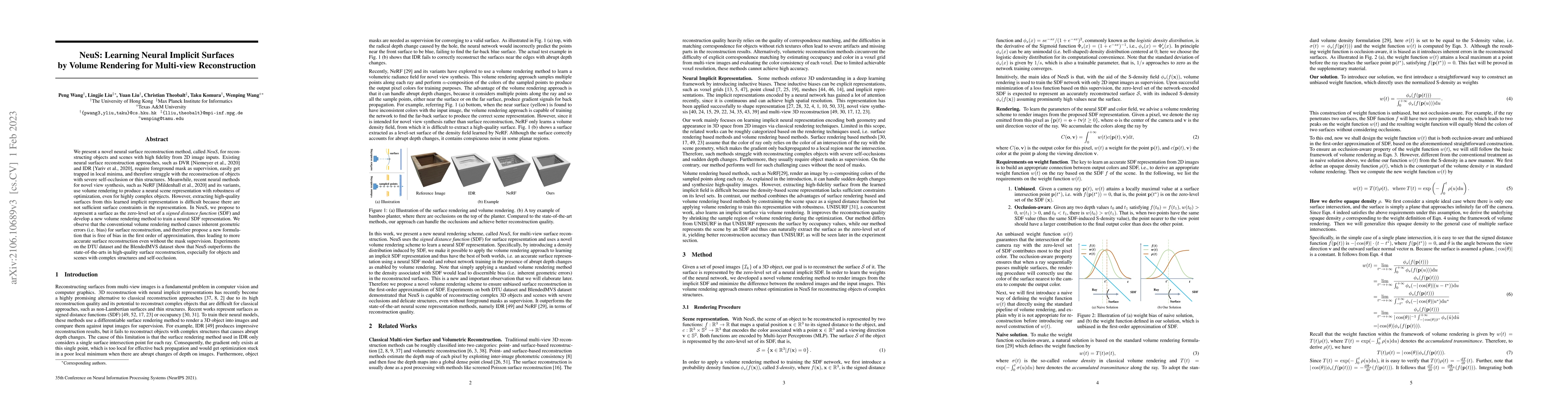 Thumbnail for NeuS: Learning Neural Implicit Surfaces by Volume Rendering for
  Multi-view Reconstruction