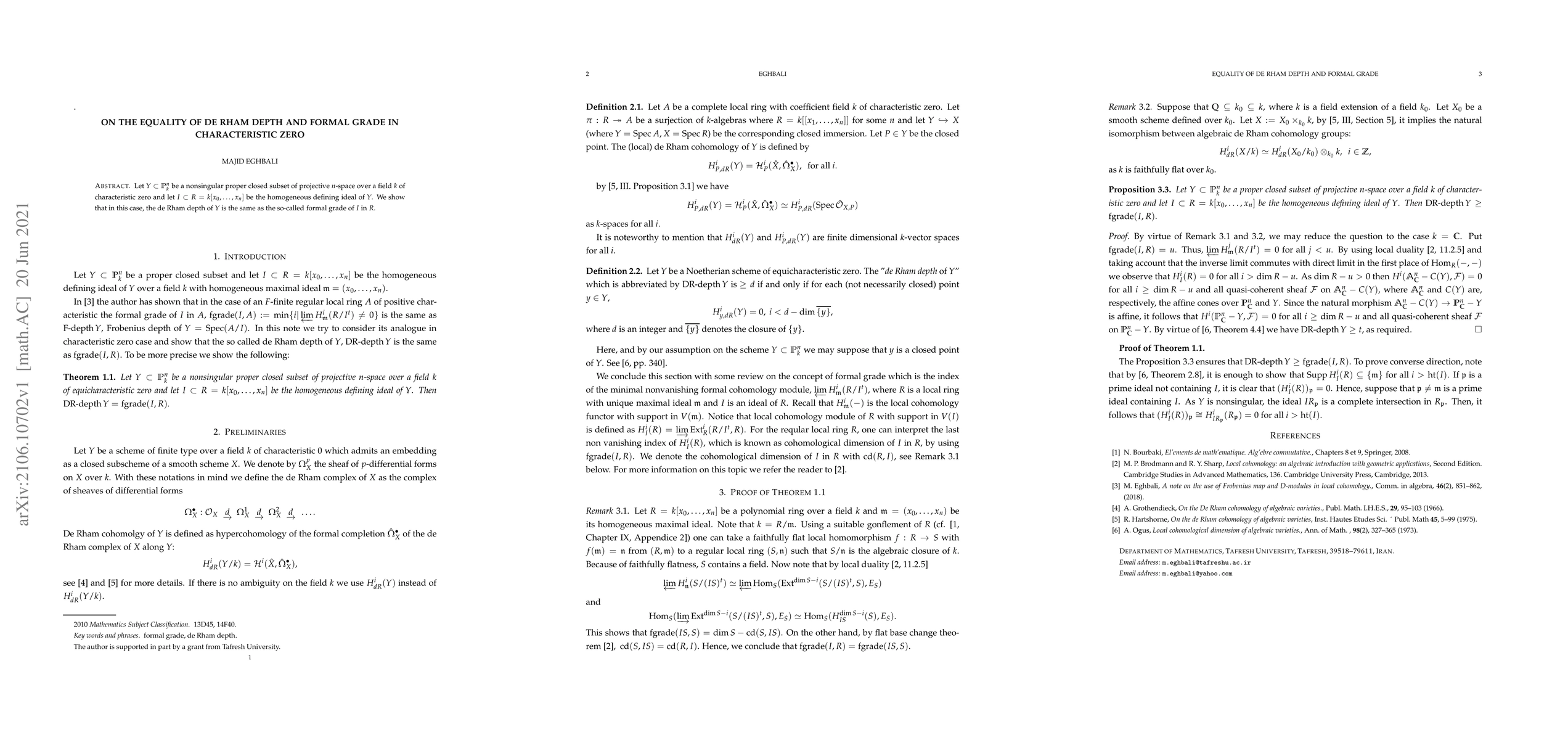 Thumbnail for On the equality of de Rham depth and formal grade in characteristic zero