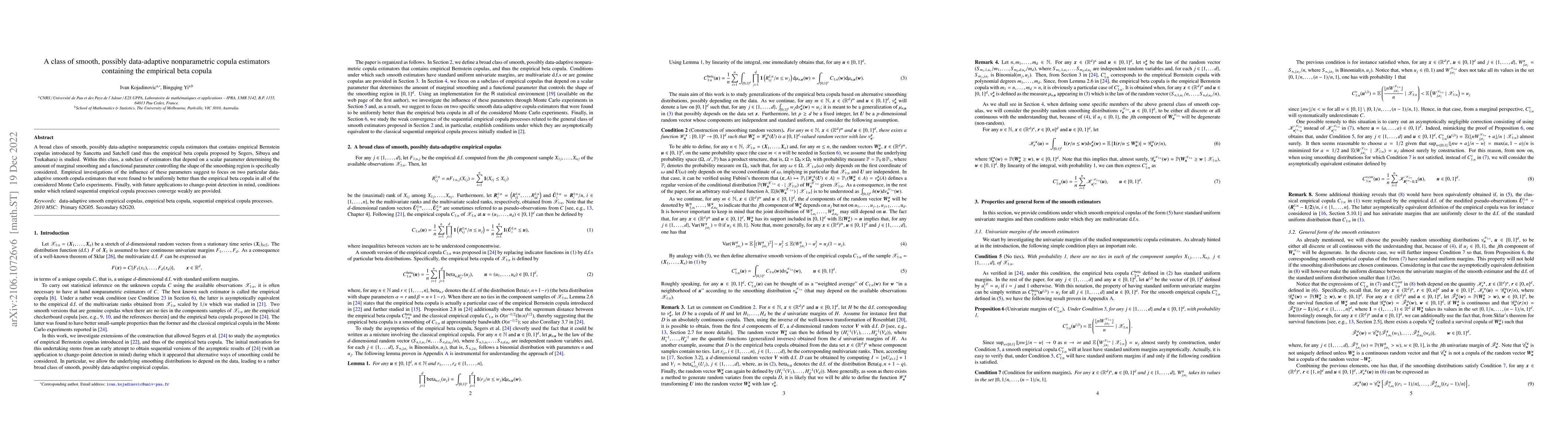 Thumbnail for A class of smooth, possibly data-adaptive nonparametric copula
  estimators containing the empirical beta copula