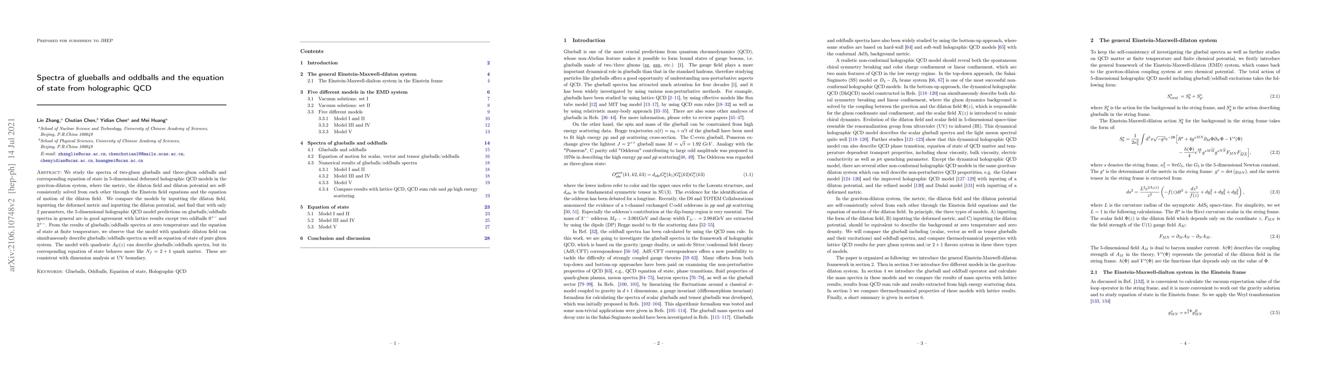 Thumbnail for Spectra of glueballs and oddballs and the equation of state from
  holographic QCD