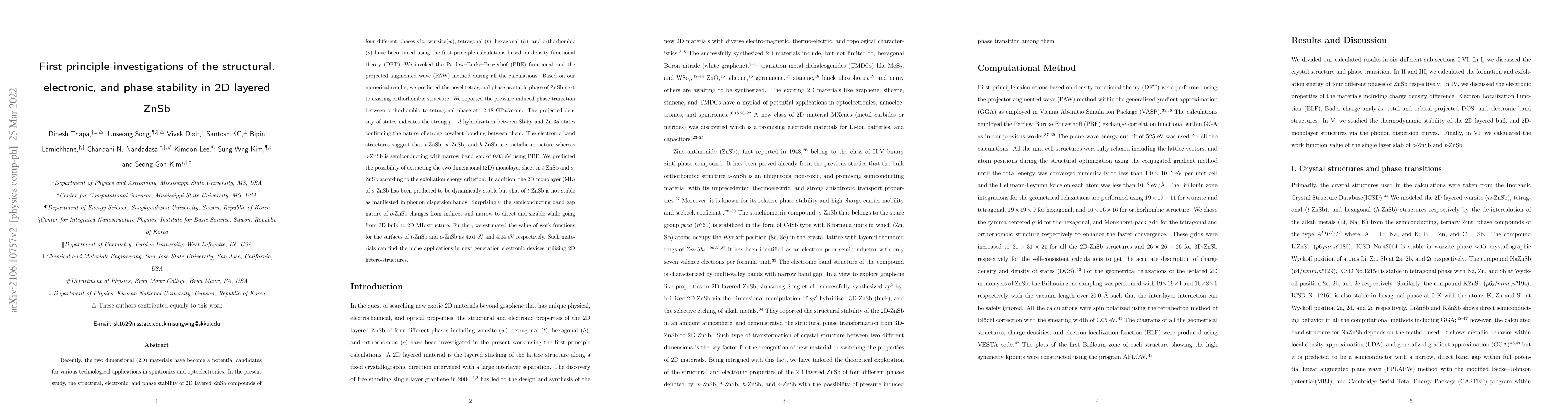 Thumbnail for First principle investigations of the structural, electronic, and phase
  stability in 2D layered ZnSb