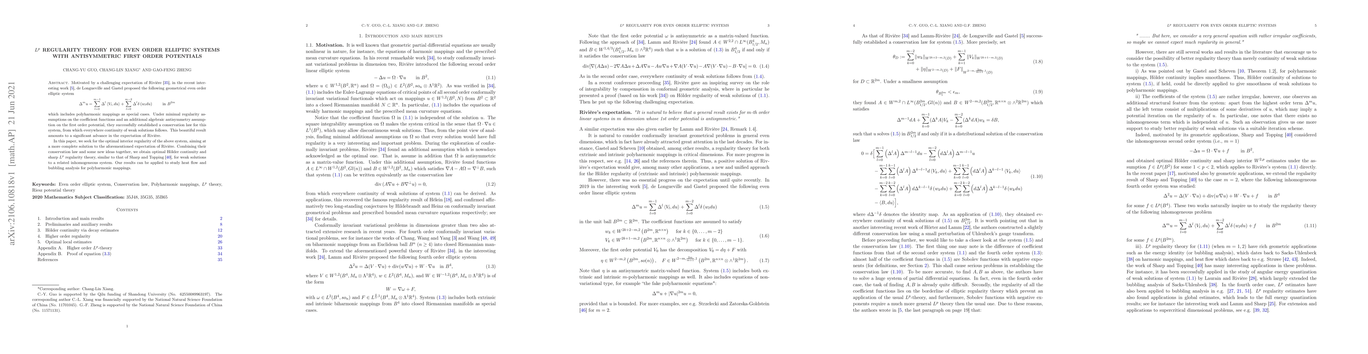 Thumbnail for $L^p$ regularity theory for even order elliptic systems with
  antisymmetric first order potentials