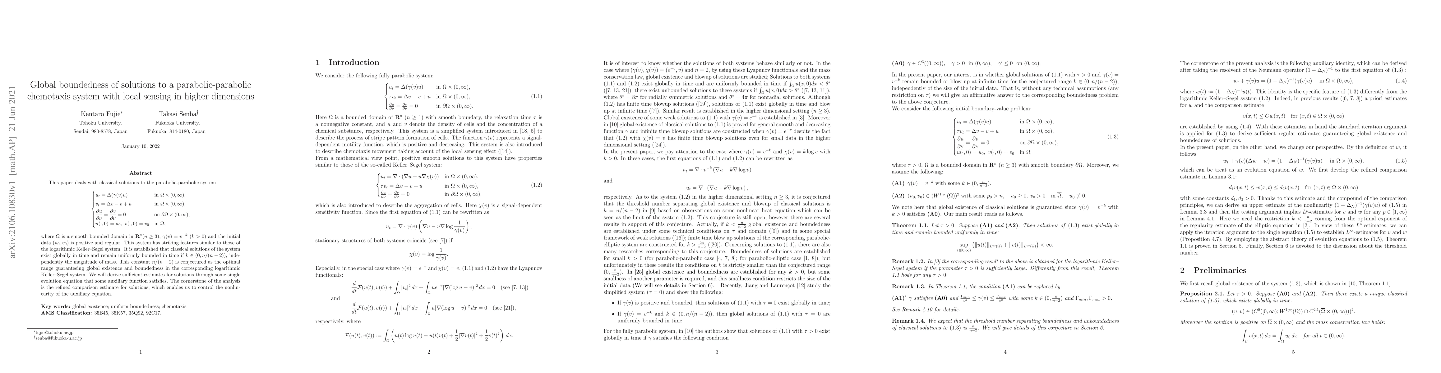 Thumbnail for Global boundedness of solutions to a parabolic-parabolic chemotaxis
  system with local sensing in higher dimensions