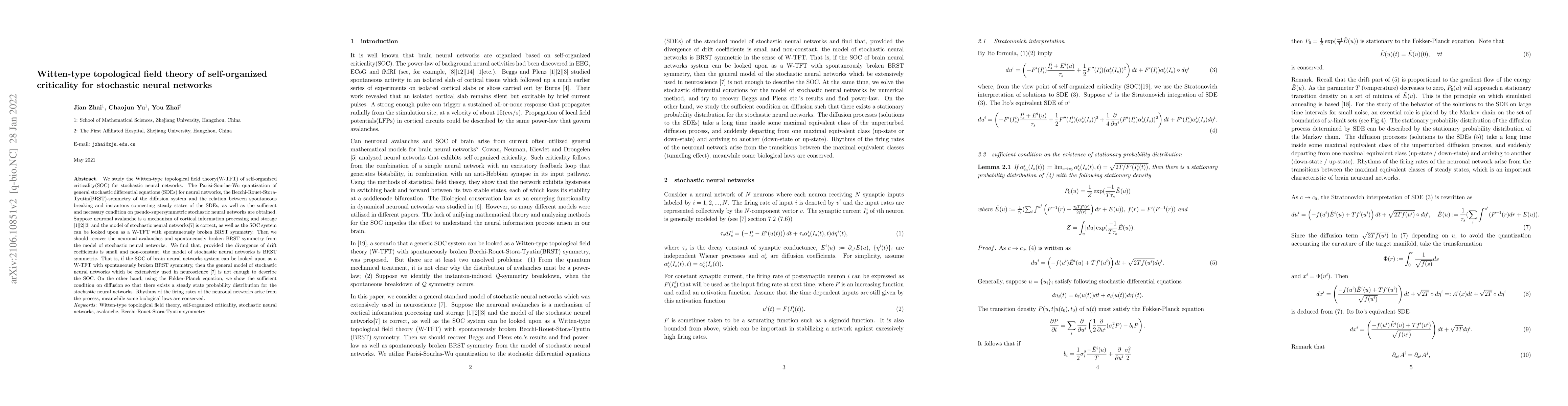 Thumbnail for Witten-type topological field theory of self-organized criticality for
  stochastic neural networks