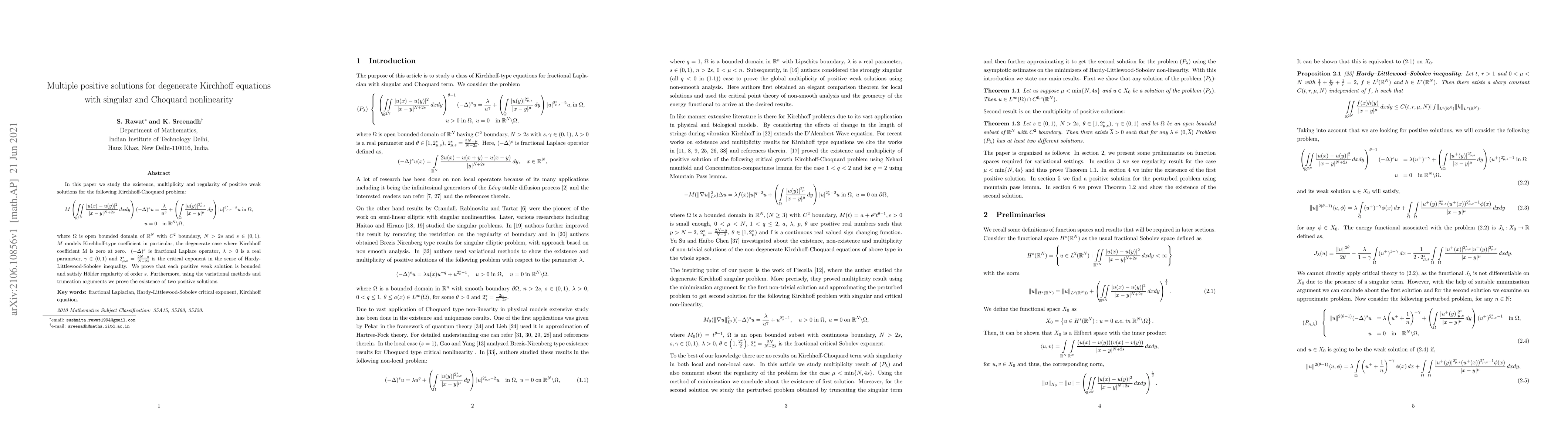 Thumbnail for Multiple positive solutions for degenerate Kirchhoff equations with
  singular and Choquard nonlinearity