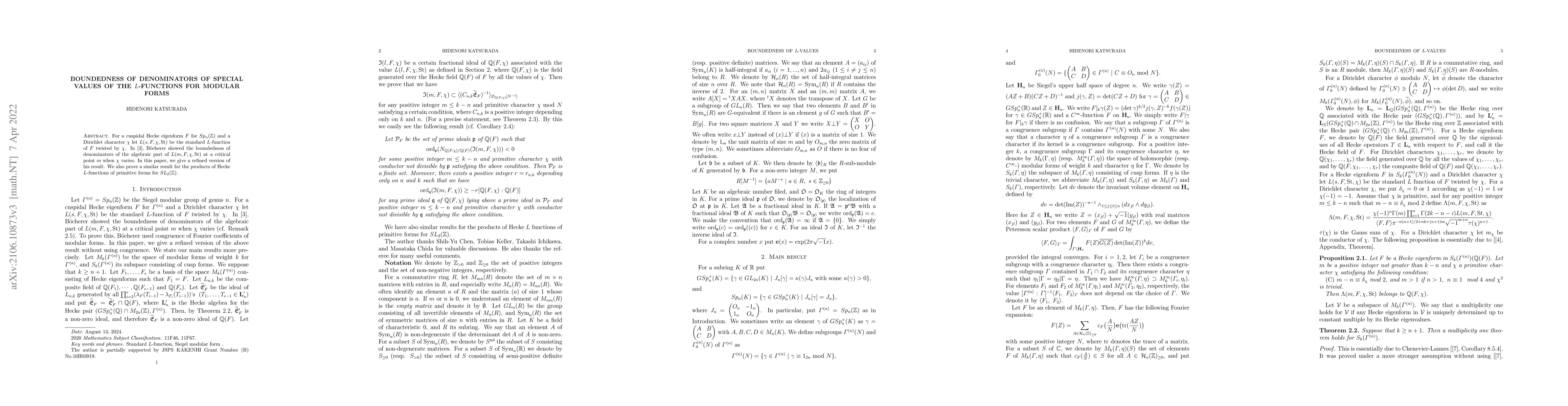 Thumbnail for Boundedness of denominators of special values of the L-functions for
  modular forms