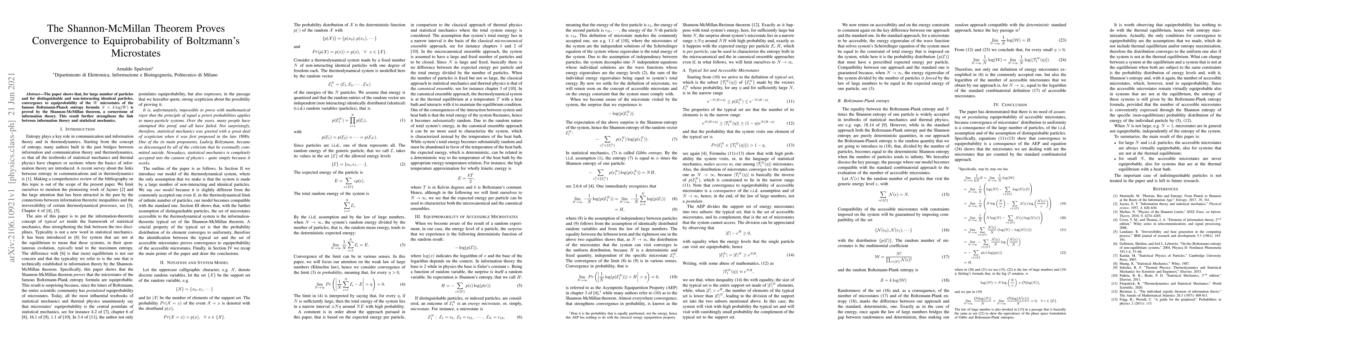 Thumbnail for The Shannon-McMillan Theorem Proves Convergence to Equiprobability of
  Boltzmann's Microstates