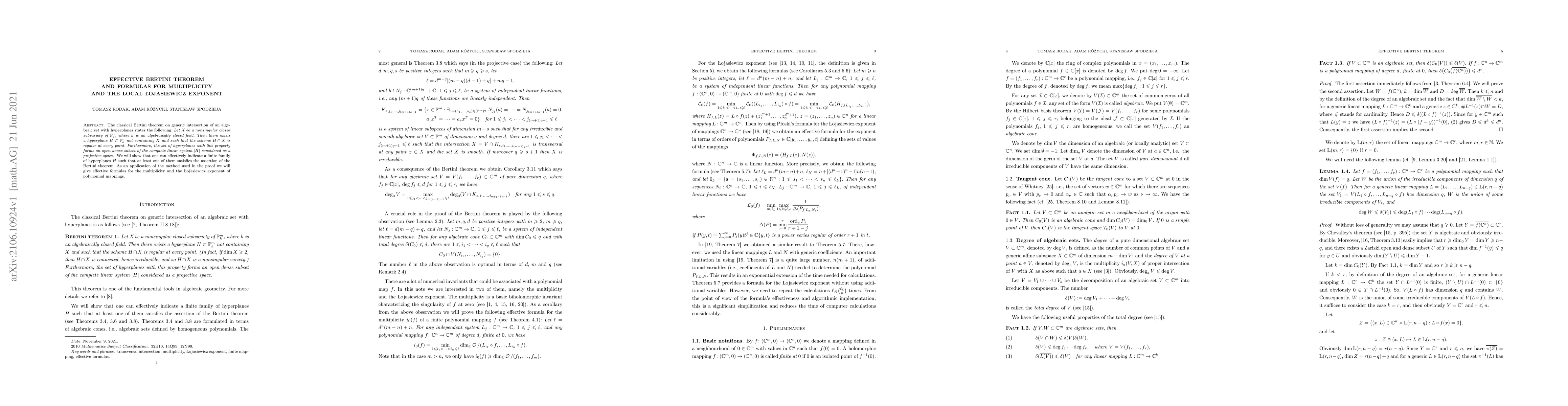 Thumbnail for Effective Bertini theorem and formulas for multiplicity and the local
  {\L}ojasiewicz exponent