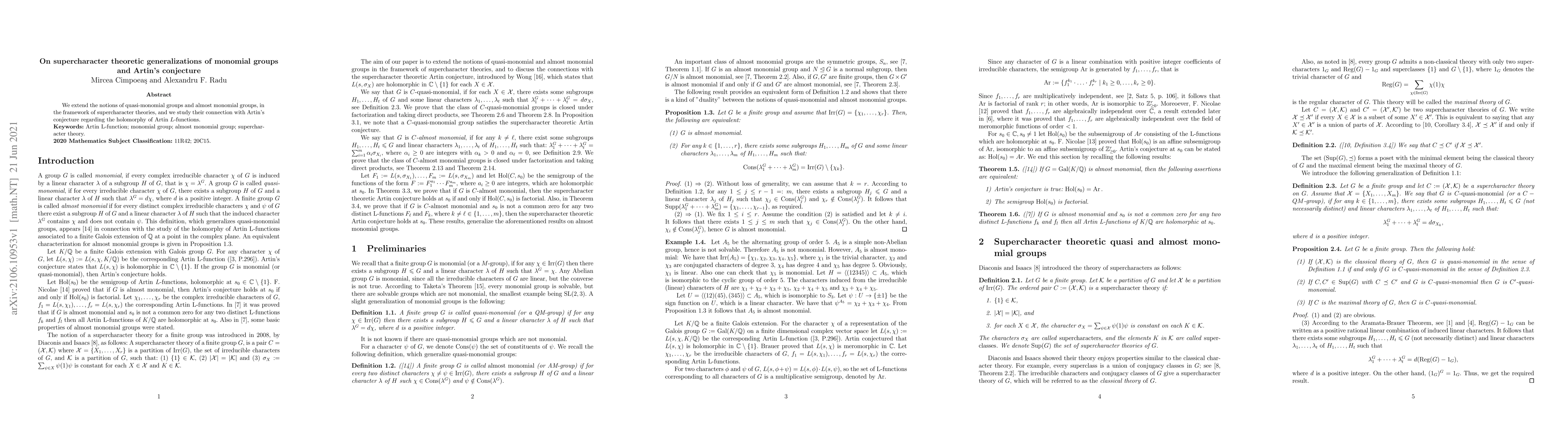 Thumbnail for On supercharacter theoretic generalizations of monomial groups and
  Artin's conjecture
