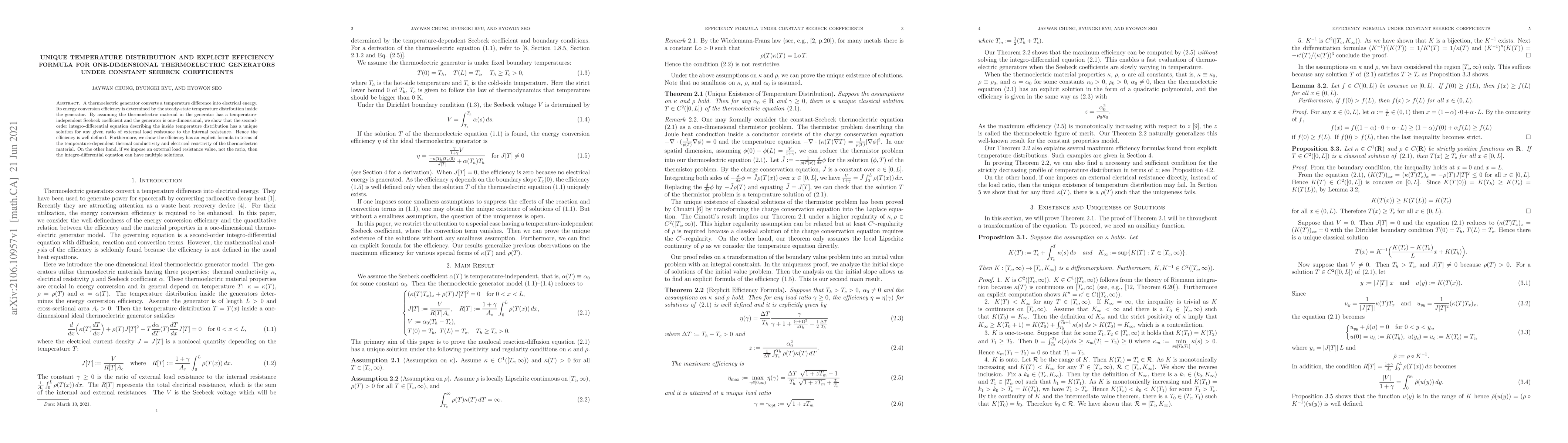 Thumbnail for Unique Temperature Distribution and Explicit Efficiency Formula for
  One-Dimensional Thermoelectric Generators under Constant Seebeck Coefficients