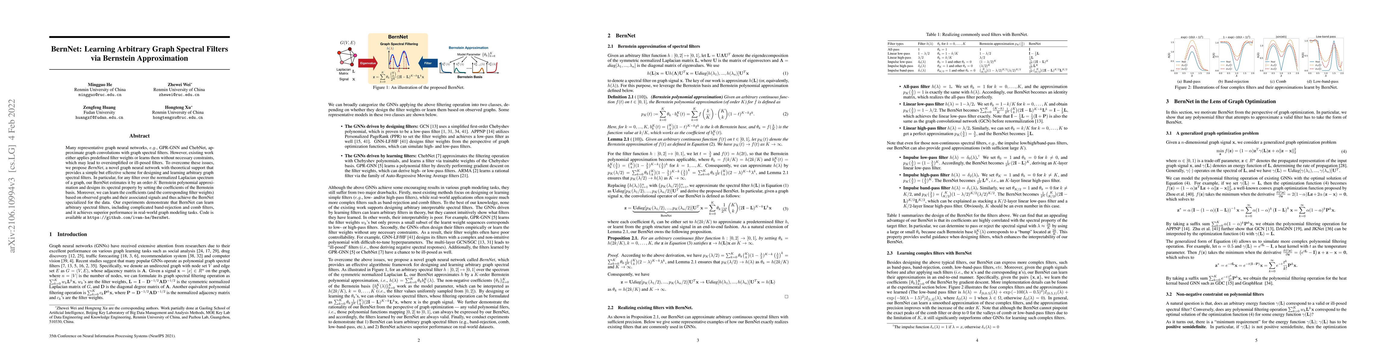 Thumbnail for BernNet: Learning Arbitrary Graph Spectral Filters via Bernstein
  Approximation