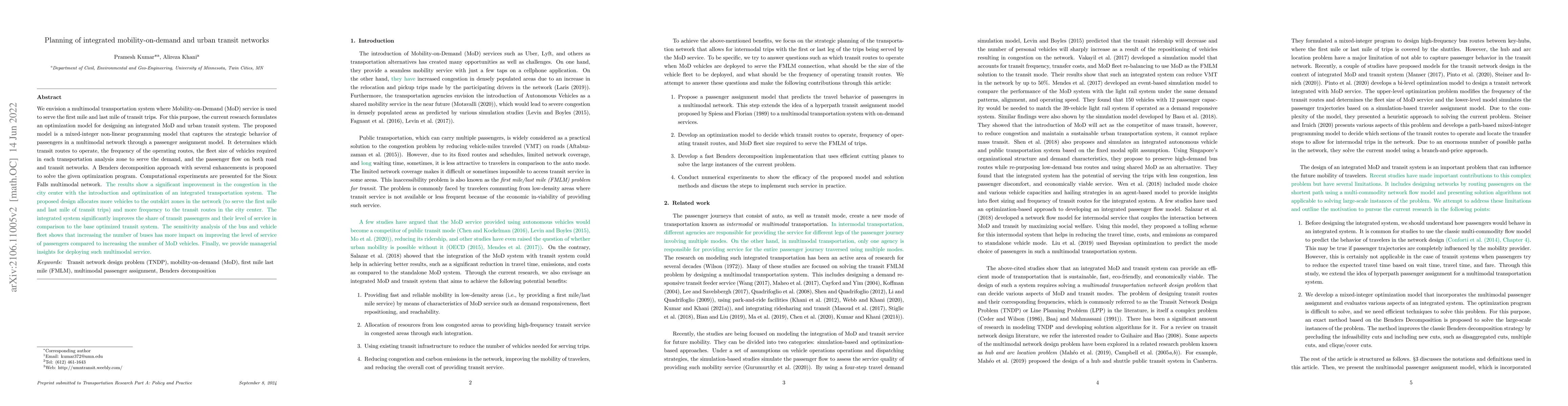 Thumbnail for Planning of integrated mobility-on-demand and urban transit networks