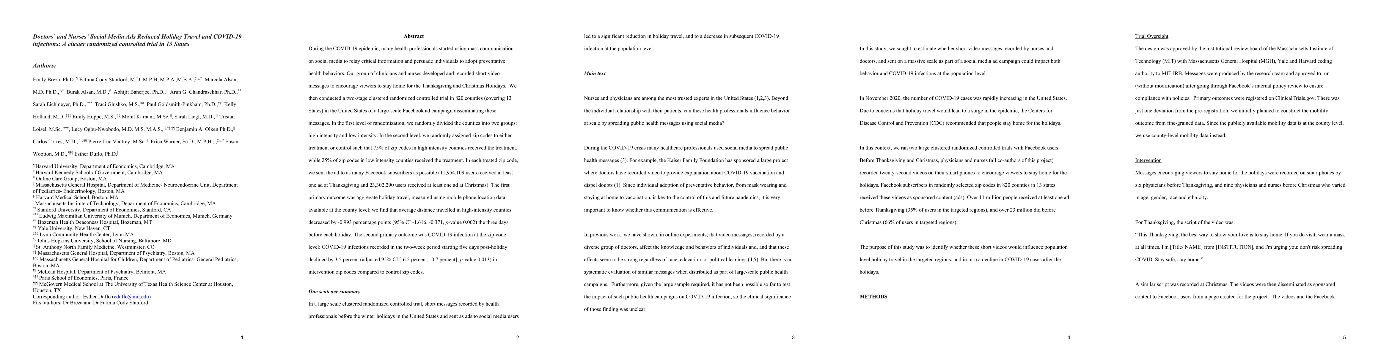 Thumbnail for Doctors and Nurses Social Media Ads Reduced Holiday Travel and COVID-19
  infections: A cluster randomized controlled trial in 13 States