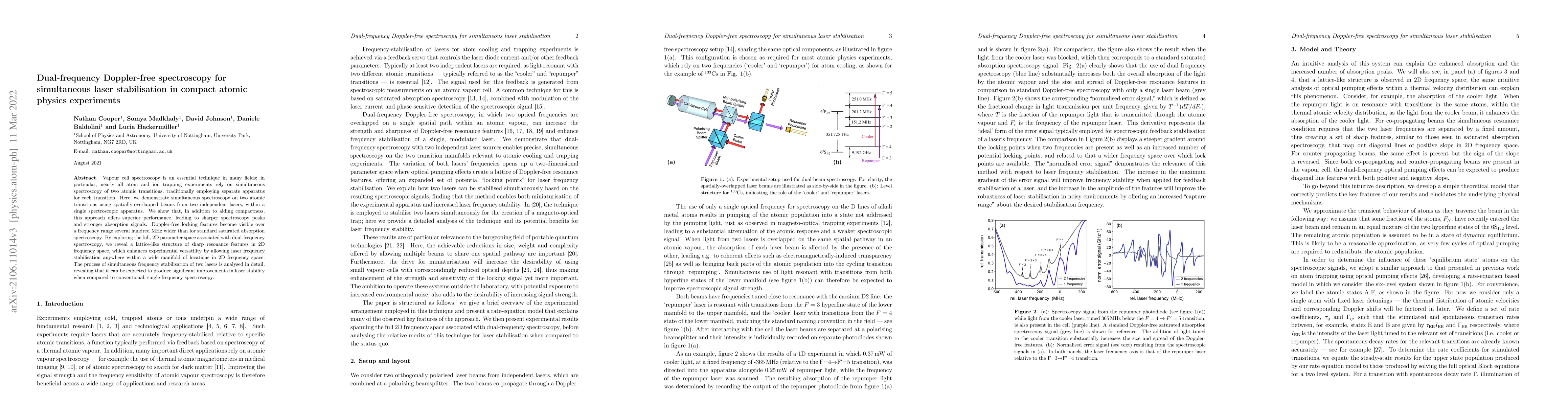 Thumbnail for Dual-frequency Doppler-free spectroscopy for simultaneous laser
  stabilisation in compact atomic physics experiments