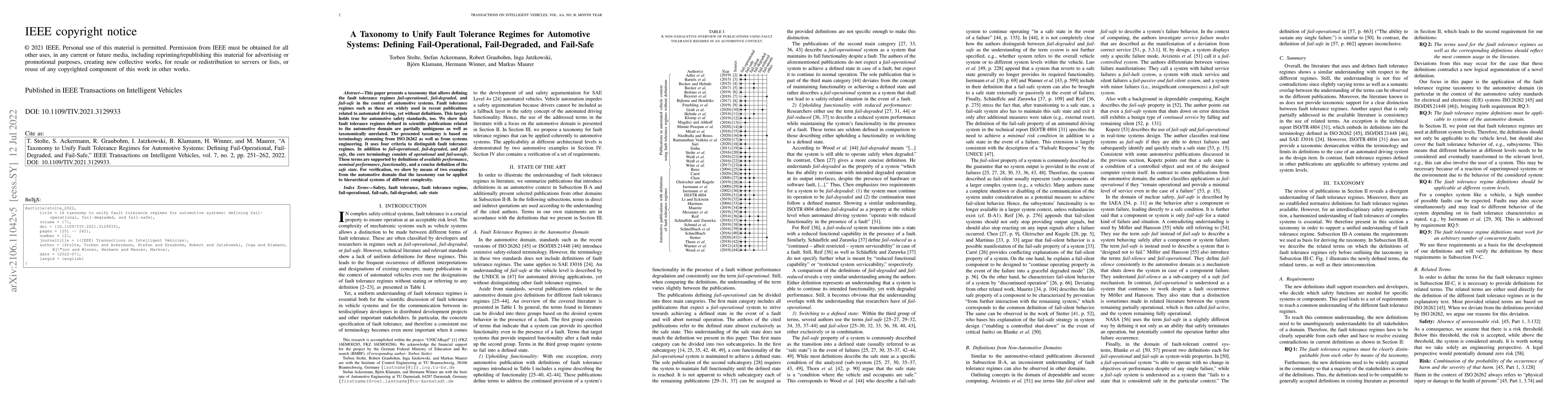 Thumbnail for A Taxonomy to Unify Fault Tolerance Regimes for Automotive Systems:
  Defining Fail-Operational, Fail-Degraded, and Fail-Safe