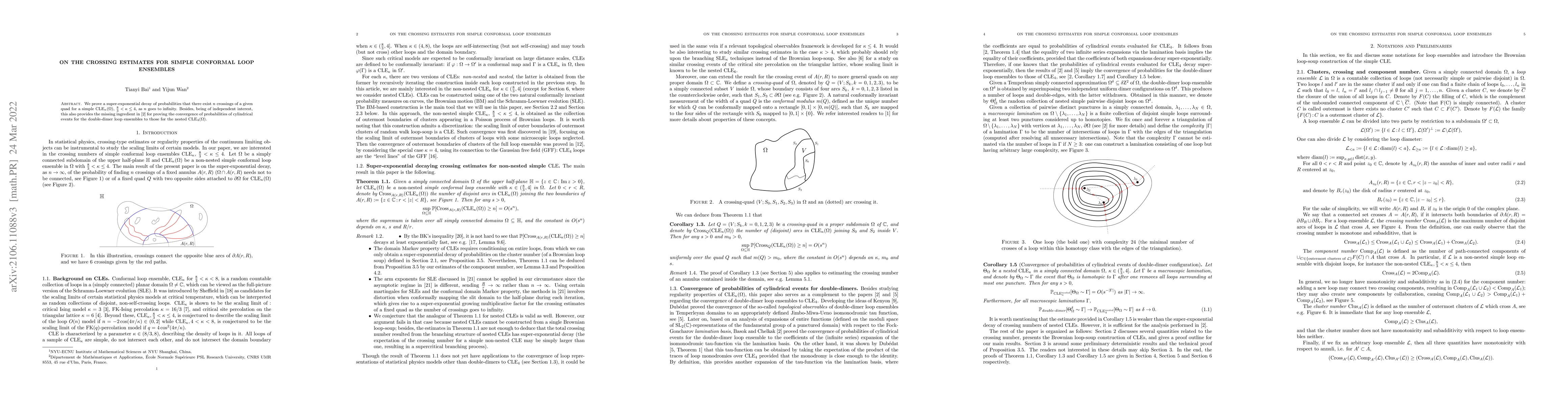 Thumbnail for On the crossing estimates for simple conformal loop ensembles