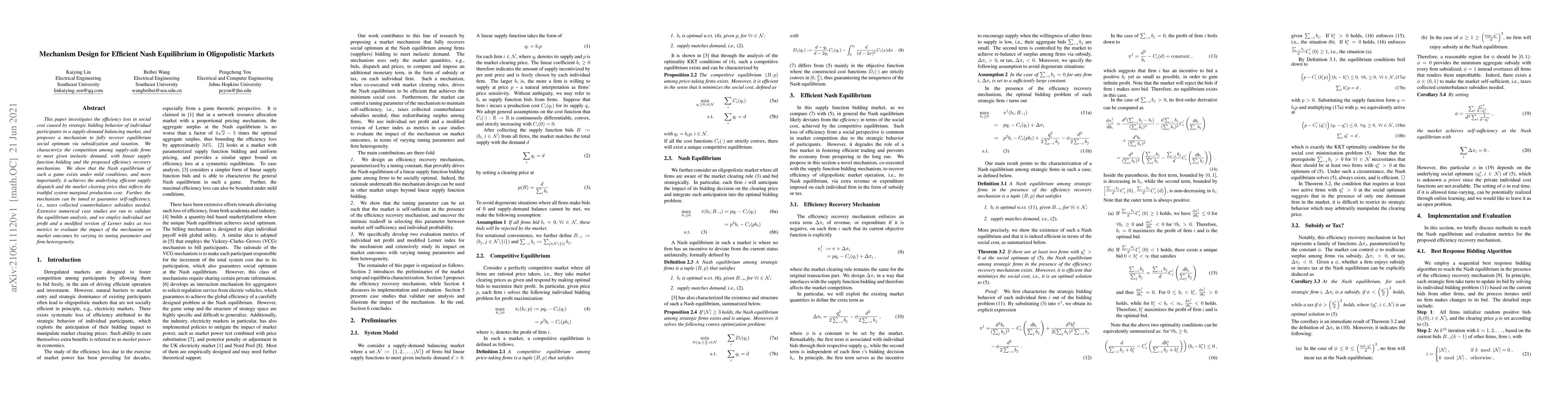 Thumbnail for Mechanism Design for Efficient Nash Equilibrium in Oligopolistic Markets