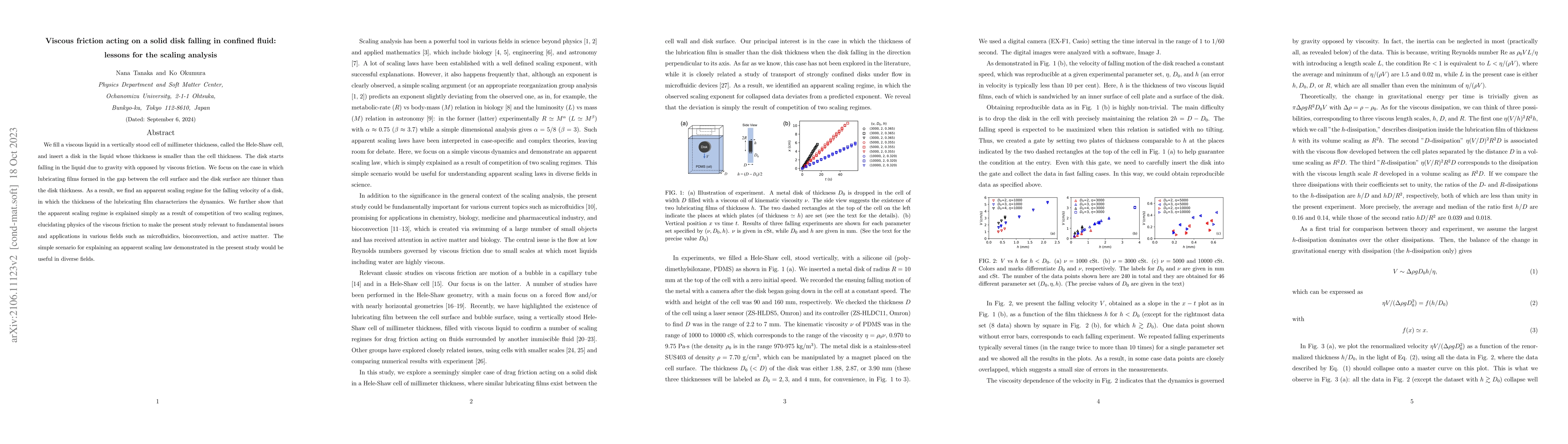 Thumbnail for Viscous friction acting on a solid disk falling in confined fluid:
  lessons for the scaling analysis
