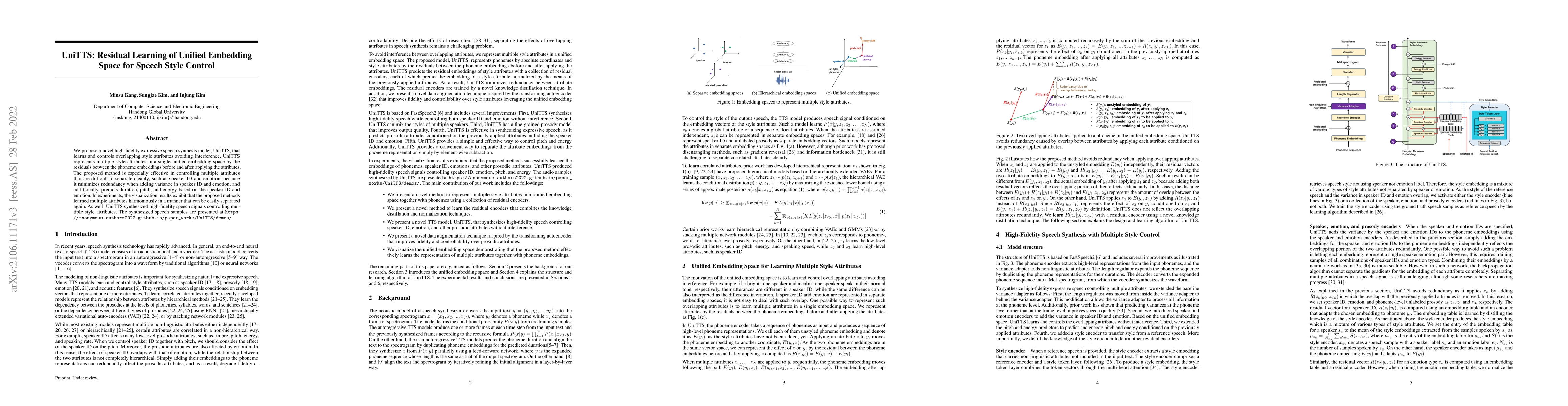 Thumbnail for UniTTS: Residual Learning of Unified Embedding Space for Speech Style
  Control