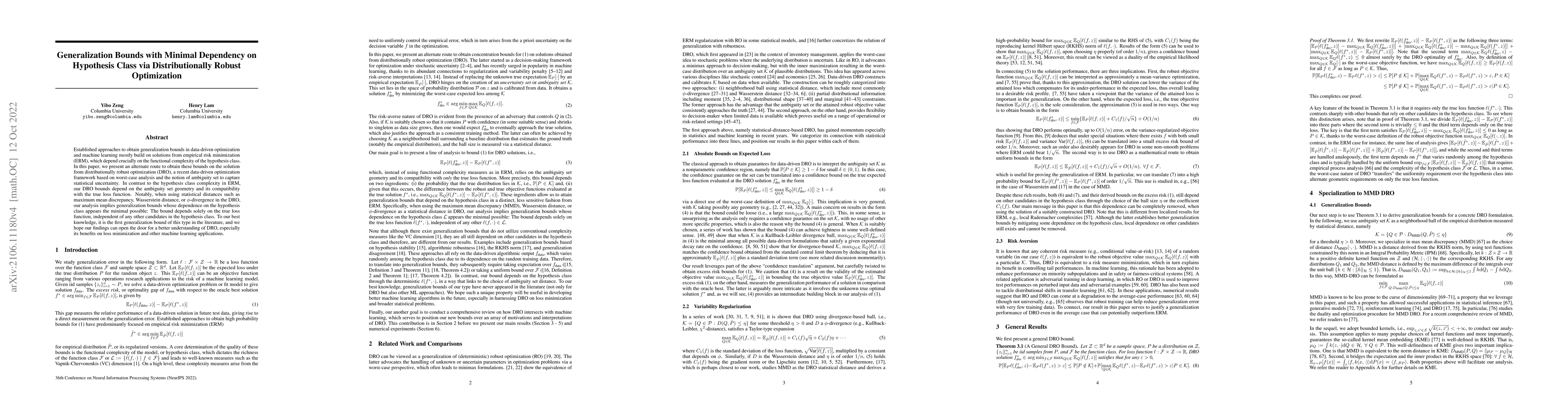 Thumbnail for Generalization Bounds with Minimal Dependency on Hypothesis Class via
  Distributionally Robust Optimization