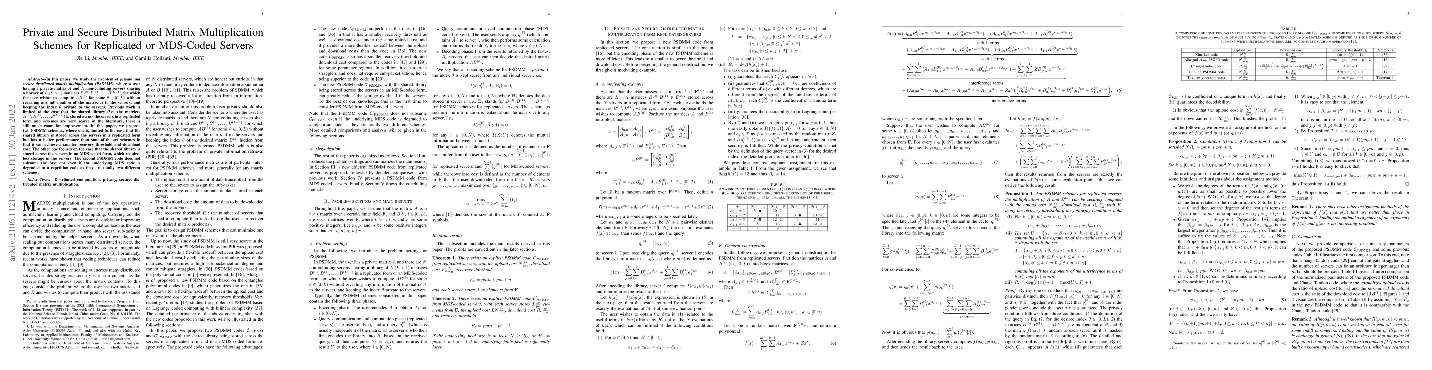 Thumbnail for Private and Secure Distributed Matrix Multiplication Schemes for
  Replicated or MDS-Coded Servers
