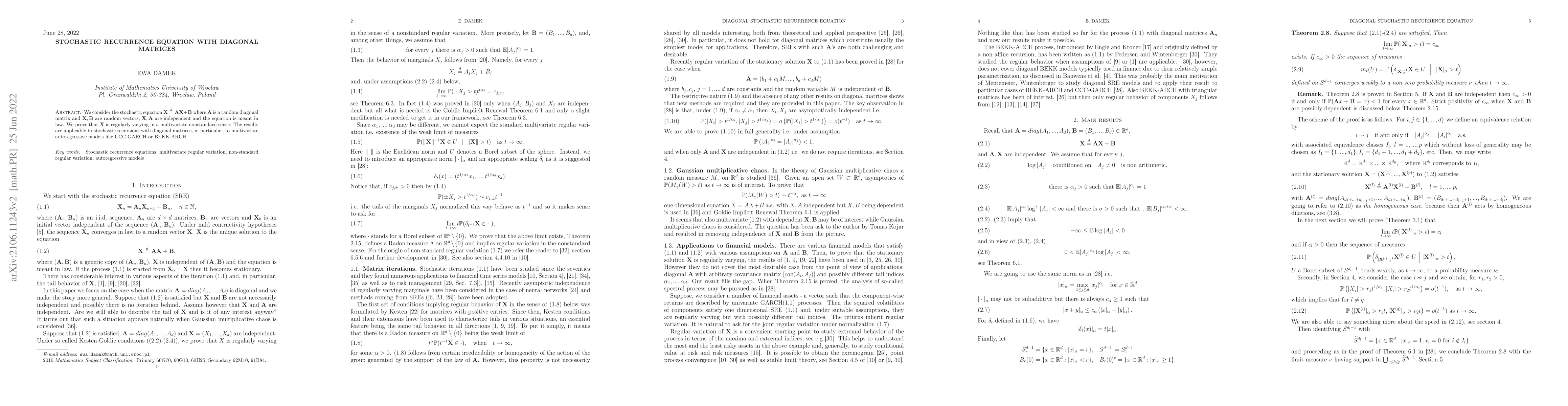 Thumbnail for Stochastic recurrence equation with diagonal matrices