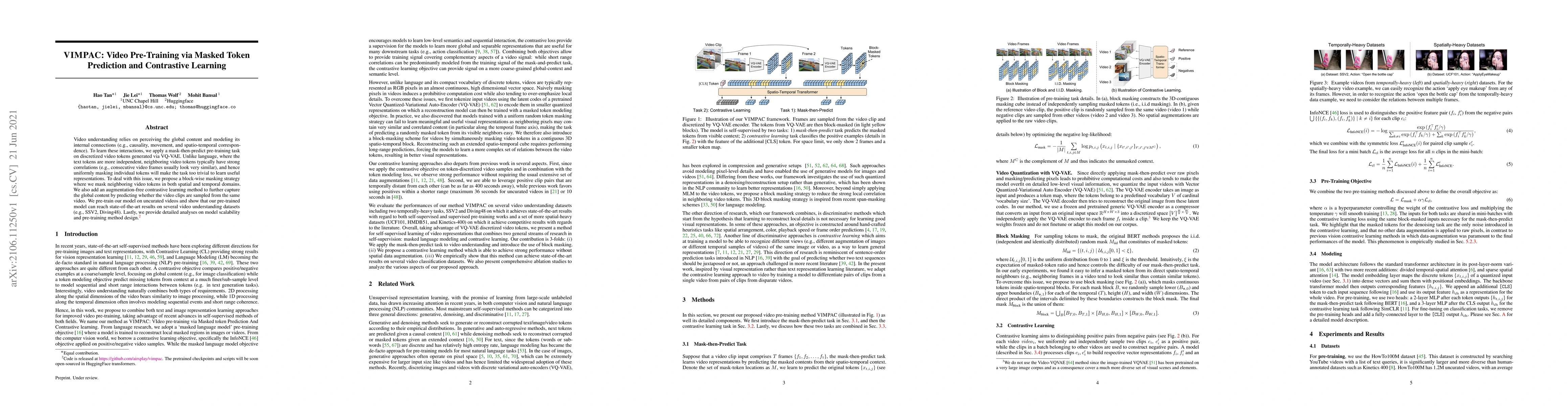 Thumbnail for VIMPAC: Video Pre-Training via Masked Token Prediction and Contrastive
  Learning