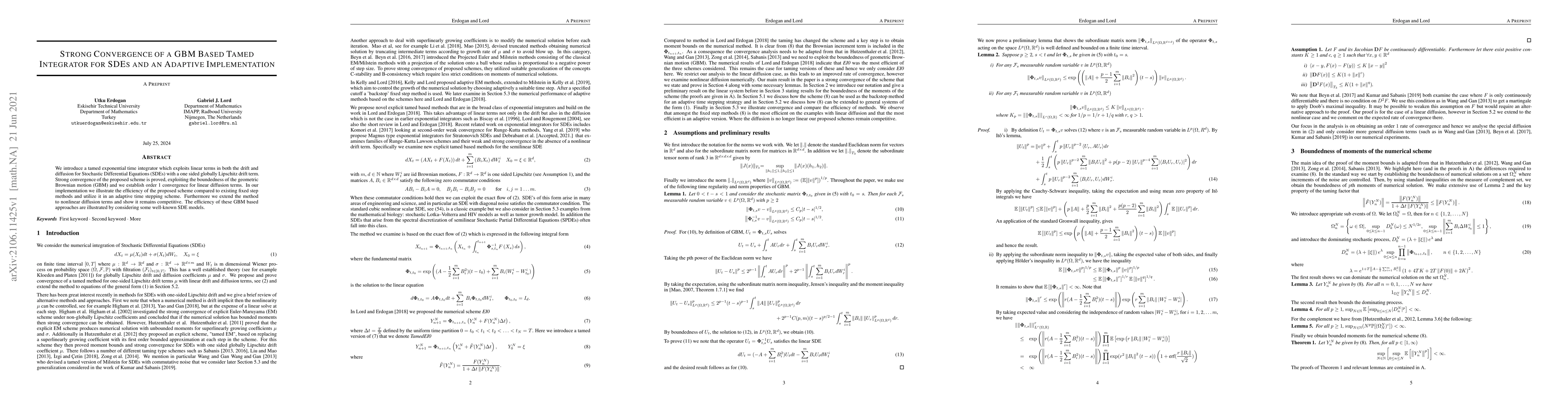 Thumbnail for Strong Convergence of a GBM Based Tamed Integrator for SDEs and an
  Adaptive Implementation