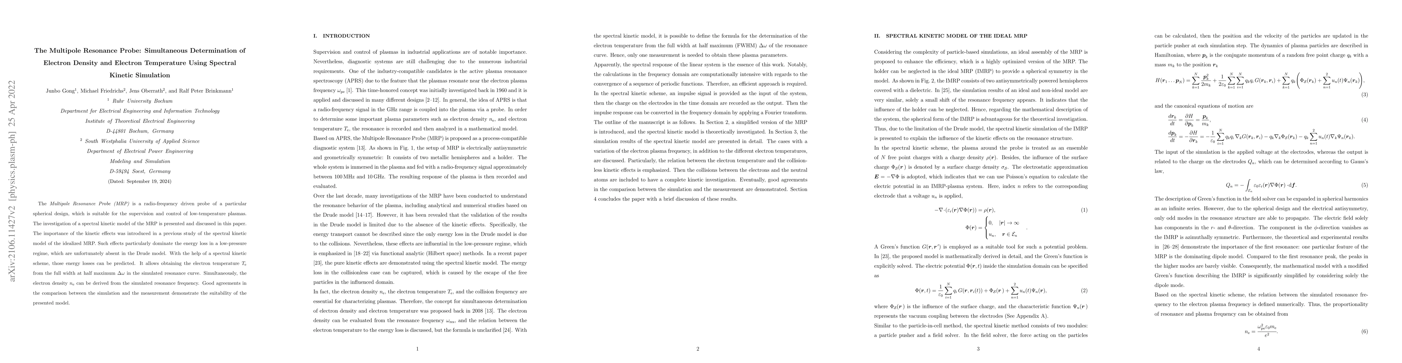 Thumbnail for The Multipole Resonance Probe: Simultaneous Determination of Electron
  Density and Electron Temperature Using Spectral Kinetic Simulation