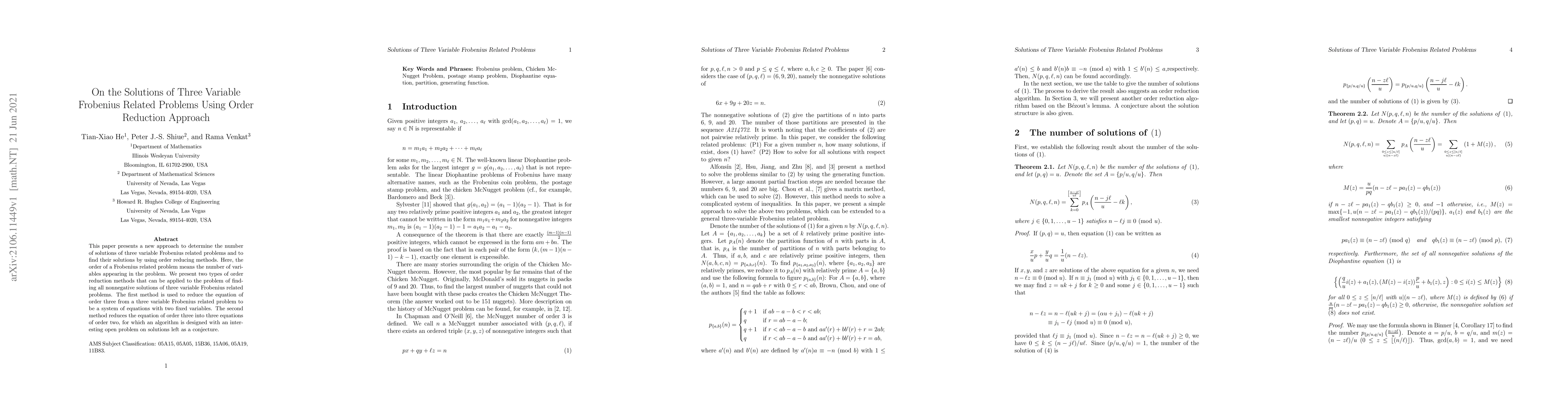 Thumbnail for On the Solutions of Three Variable Frobenius Related Problems Using
  Order Reduction Approach