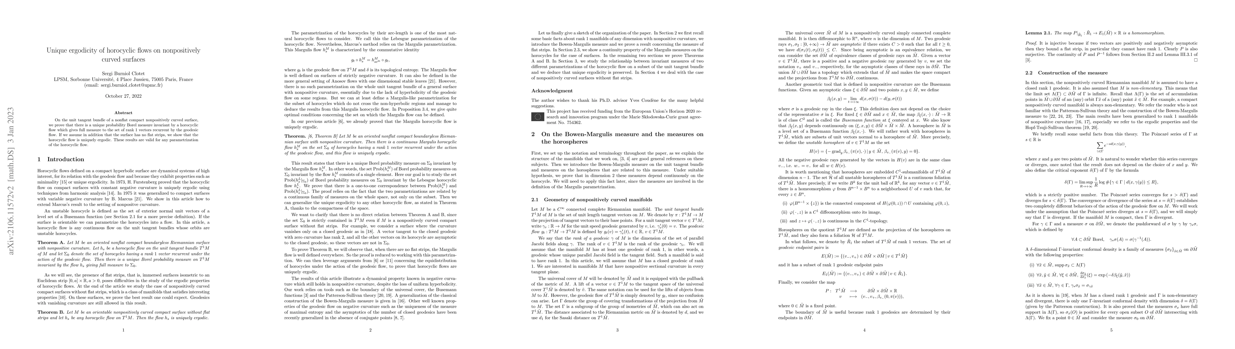 Thumbnail for Unique ergodicity of the horocyclic flow on nonpositively curved
  surfaces