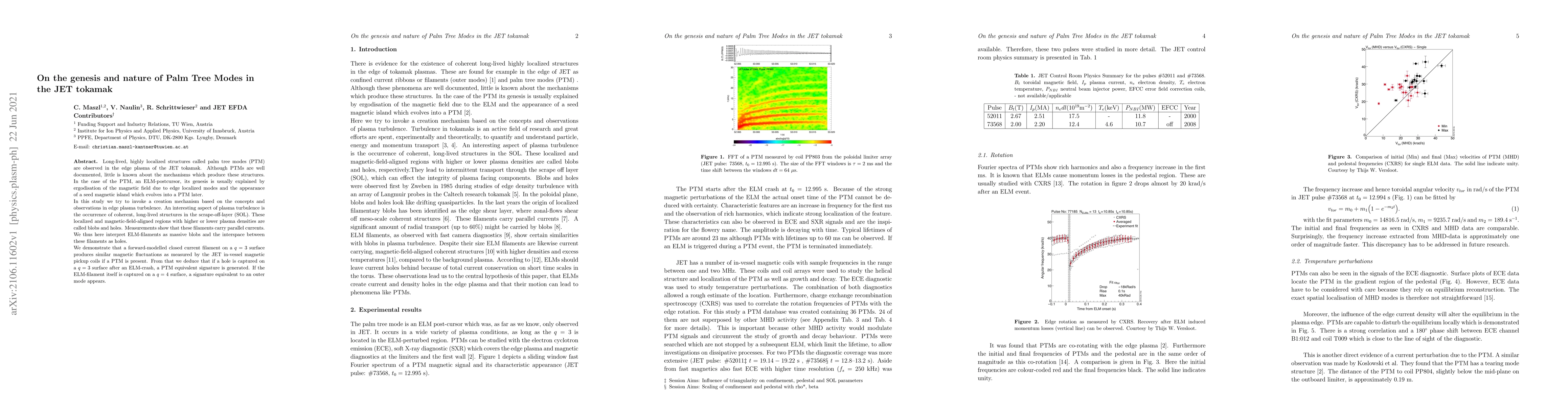 Thumbnail for On the genesis and nature of Palm Tree Modes in the JET tokamak