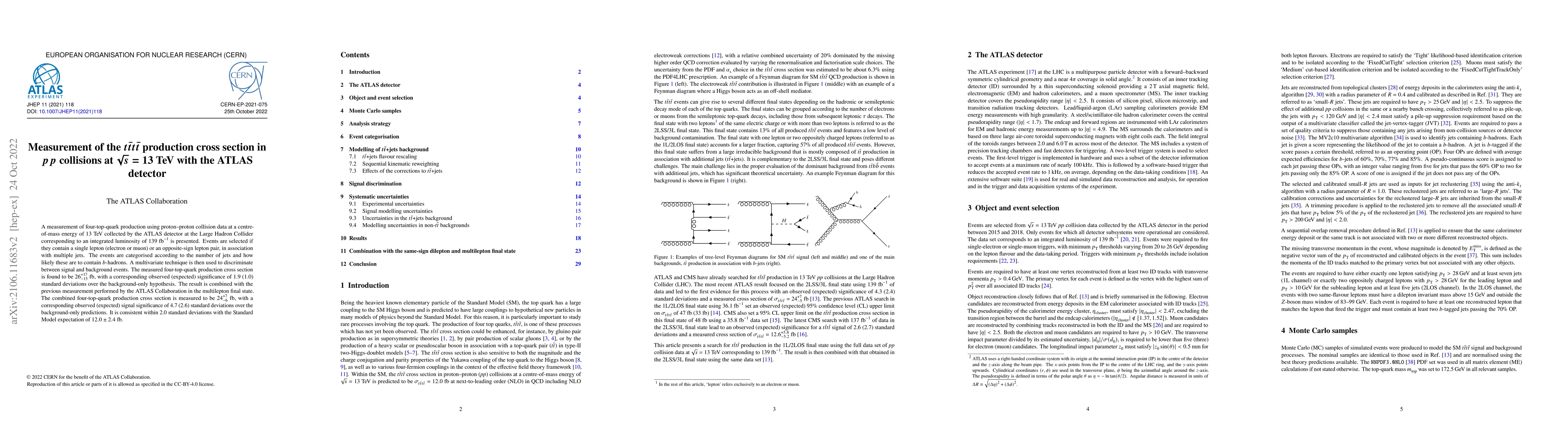 Thumbnail for Measurement of the $t\bar{t}t\bar{t}$ production cross section in $pp$
  collisions at $\sqrt{s}$=13 TeV with the ATLAS detector