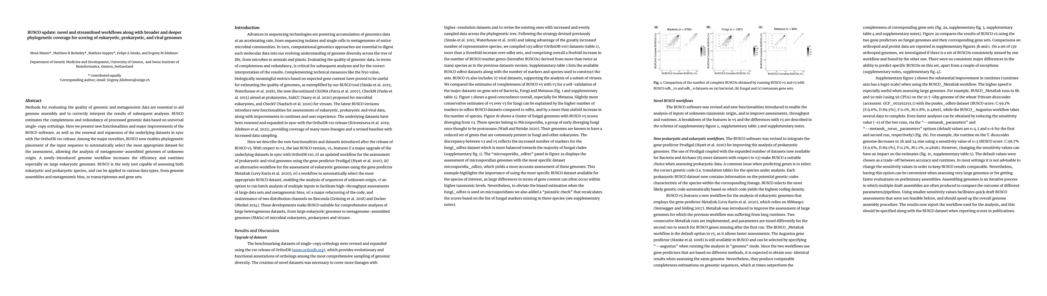 Thumbnail for BUSCO update: novel and streamlined workflows along with broader and
  deeper phylogenetic coverage for scoring of eukaryotic, prokaryotic, and
  viral genomes