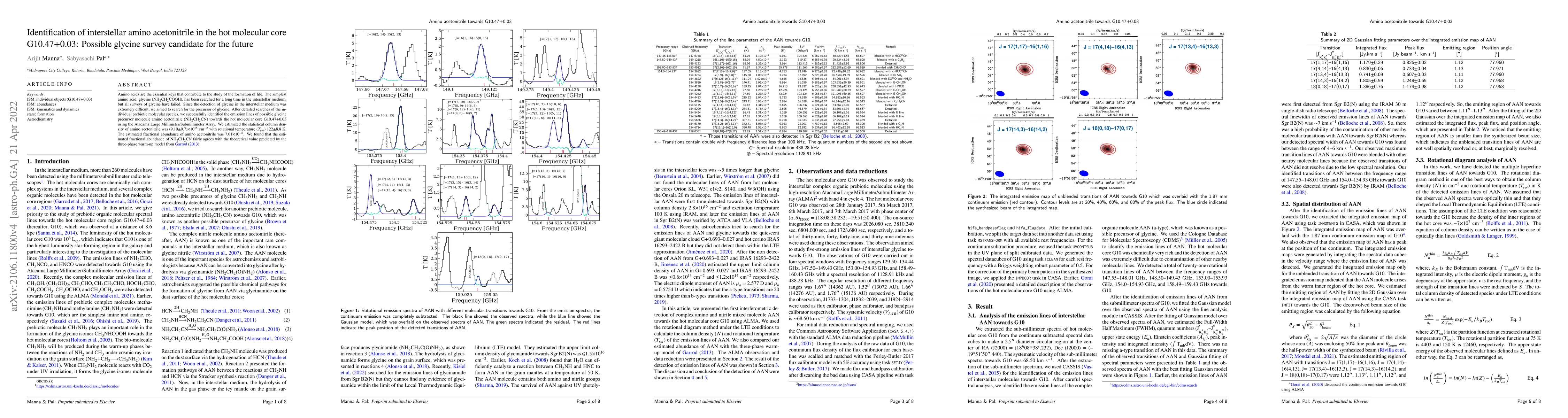 Thumbnail for Identification of interstellar amino acetonitrile in the hot molecular
  core G10.47+0.03: Possible glycine survey candidate for the future