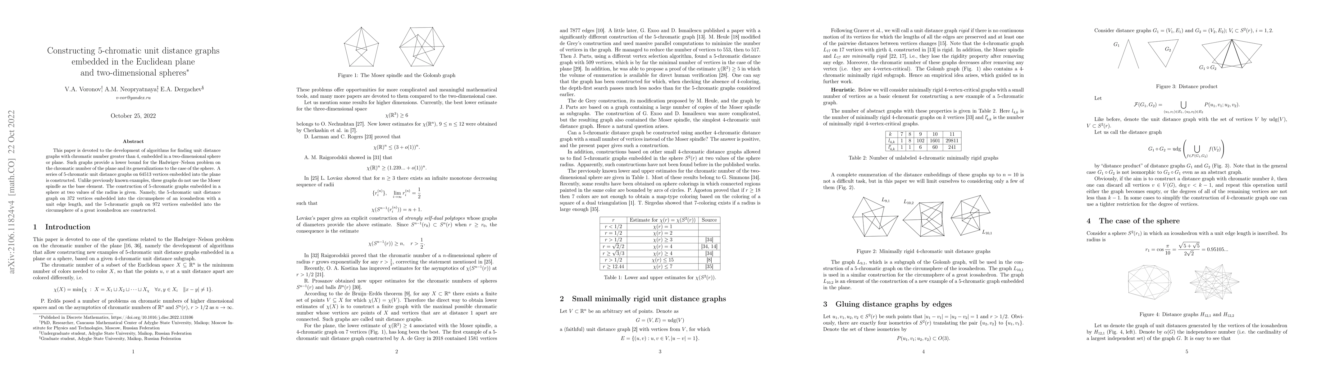 Thumbnail for Constructing 5-chromatic unit distance graphs embedded in the Euclidean
  plane and two-dimensional spheres