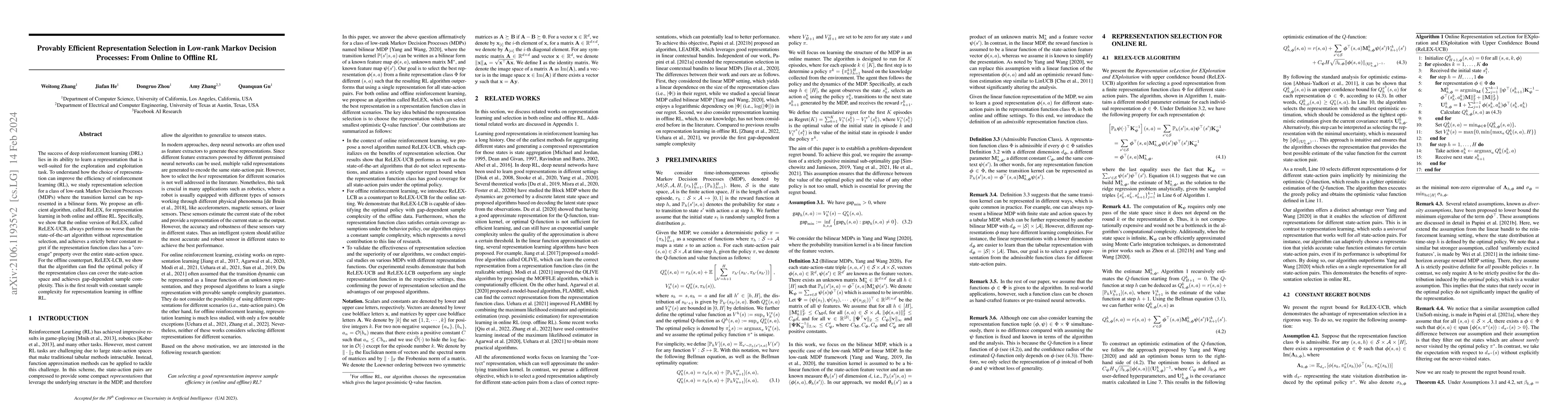 Thumbnail for Provably Efficient Representation Selection in Low-rank Markov Decision
  Processes: From Online to Offline RL