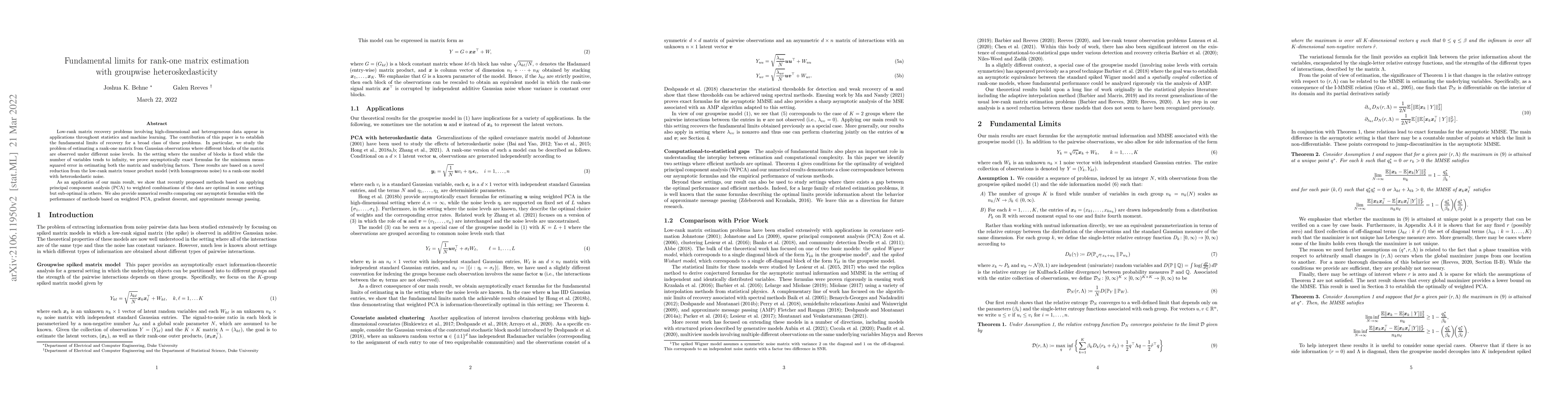 Thumbnail for Fundamental limits for rank-one matrix estimation with groupwise
  heteroskedasticity