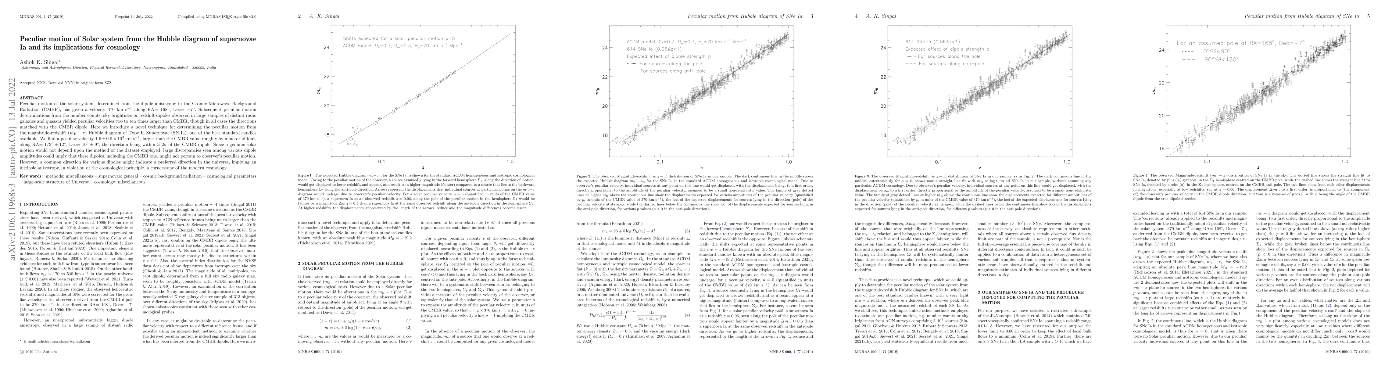 Thumbnail for Peculiar motion of Solar system from the Hubble diagram of supernovae Ia
  and its implications for cosmology
