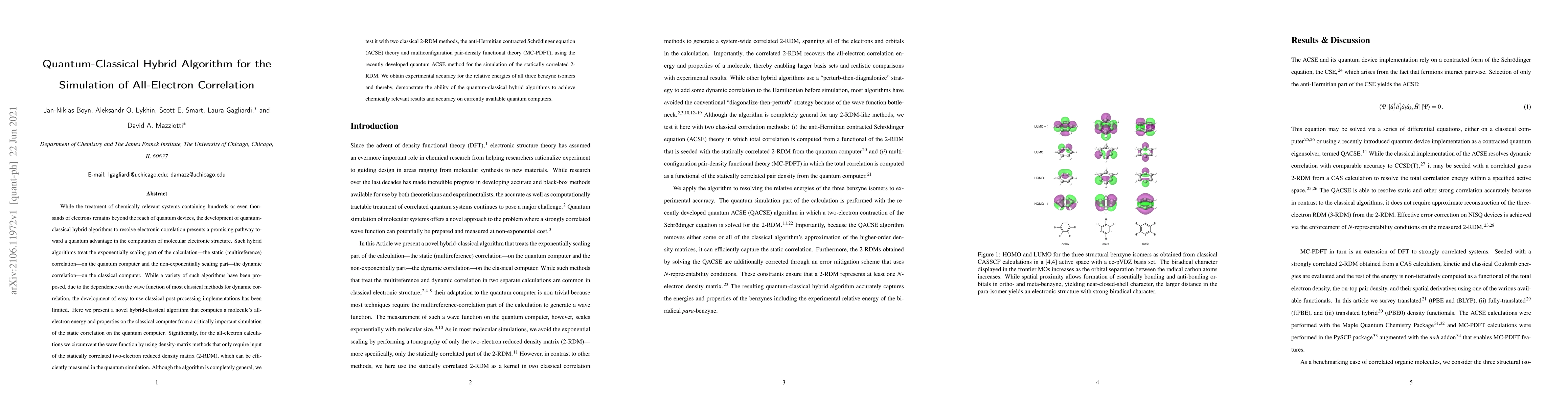 Thumbnail for Quantum-Classical Hybrid Algorithm for the Simulation of All-Electron
  Correlation